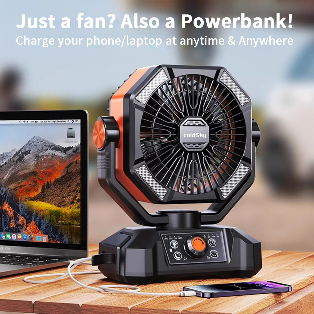 8-Speed Rechargeable Outdoor Fan with 20000mAh Battery & LED Lantern