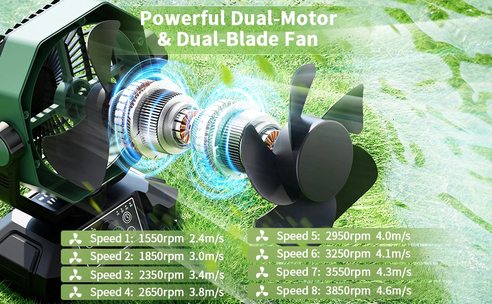8-Speed Rechargeable Outdoor Fan with 20000mAh Battery & LED Lantern