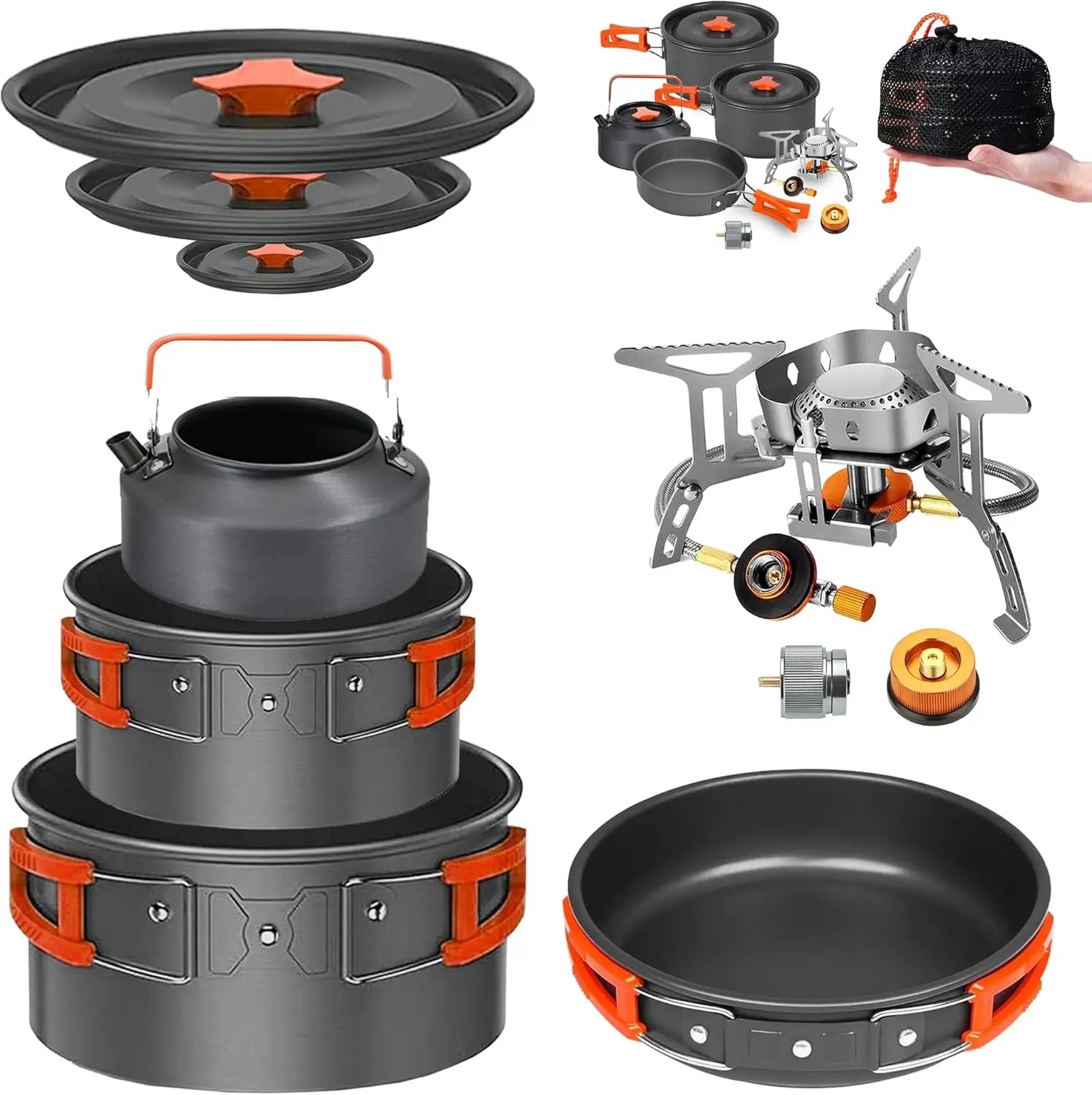 15+ Piece Camping Cookware & Stove Set