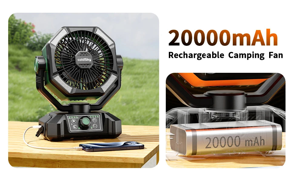 8-Speed Rechargeable Outdoor Fan with 20000mAh Battery & LED Lantern