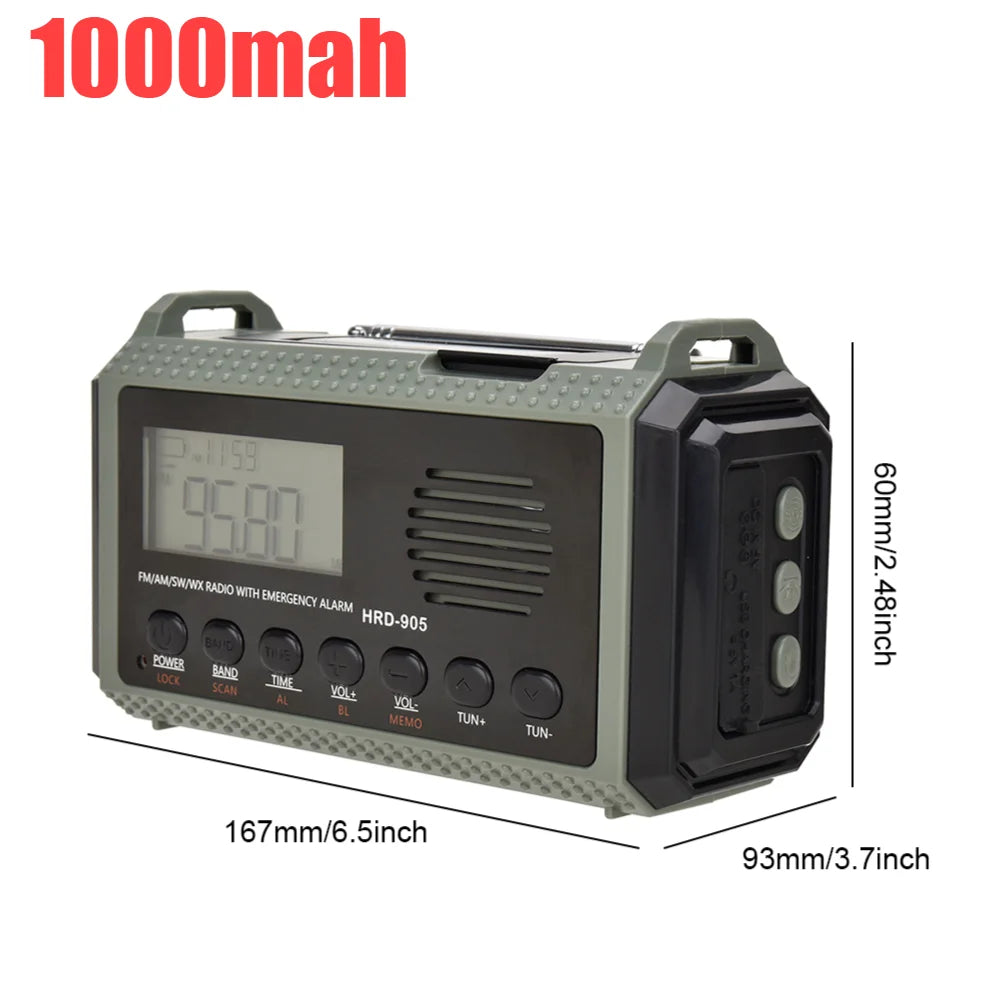 12000mAh Weather Alert Radio with 2 Solar Panels Solar Hand Crank Multifunction Radio Flashlight Power Bank for Outdoor Survival
