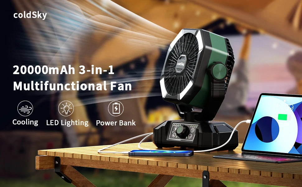 8-Speed Rechargeable Outdoor Fan with 20000mAh Battery & LED Lantern