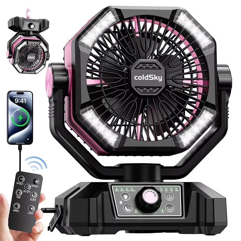 8-Speed Rechargeable Outdoor Fan with 20000mAh Battery & LED Lantern