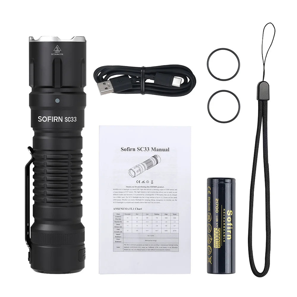 Sofirn SC33 LED Tactical Flashlight XHP70.3 HI  5200lm Powerful 21700 Type C Rechargeable Torch E-switch Outdoor Light