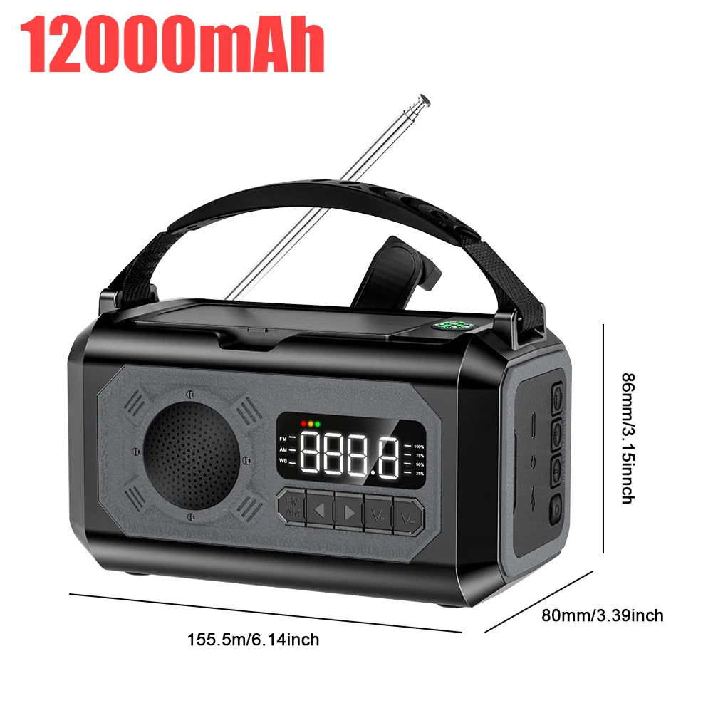 12000mAh Weather Alert Radio with 2 Solar Panels Solar Hand Crank Multifunction Radio Flashlight Power Bank for Outdoor Survival
