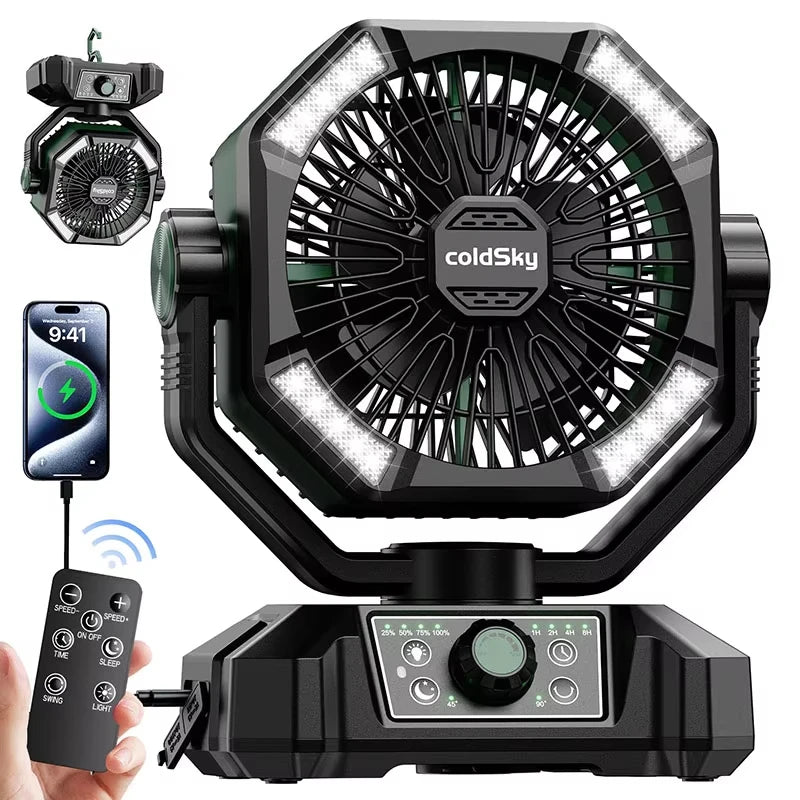 8-Speed Rechargeable Outdoor Fan with 20000mAh Battery & LED Lantern