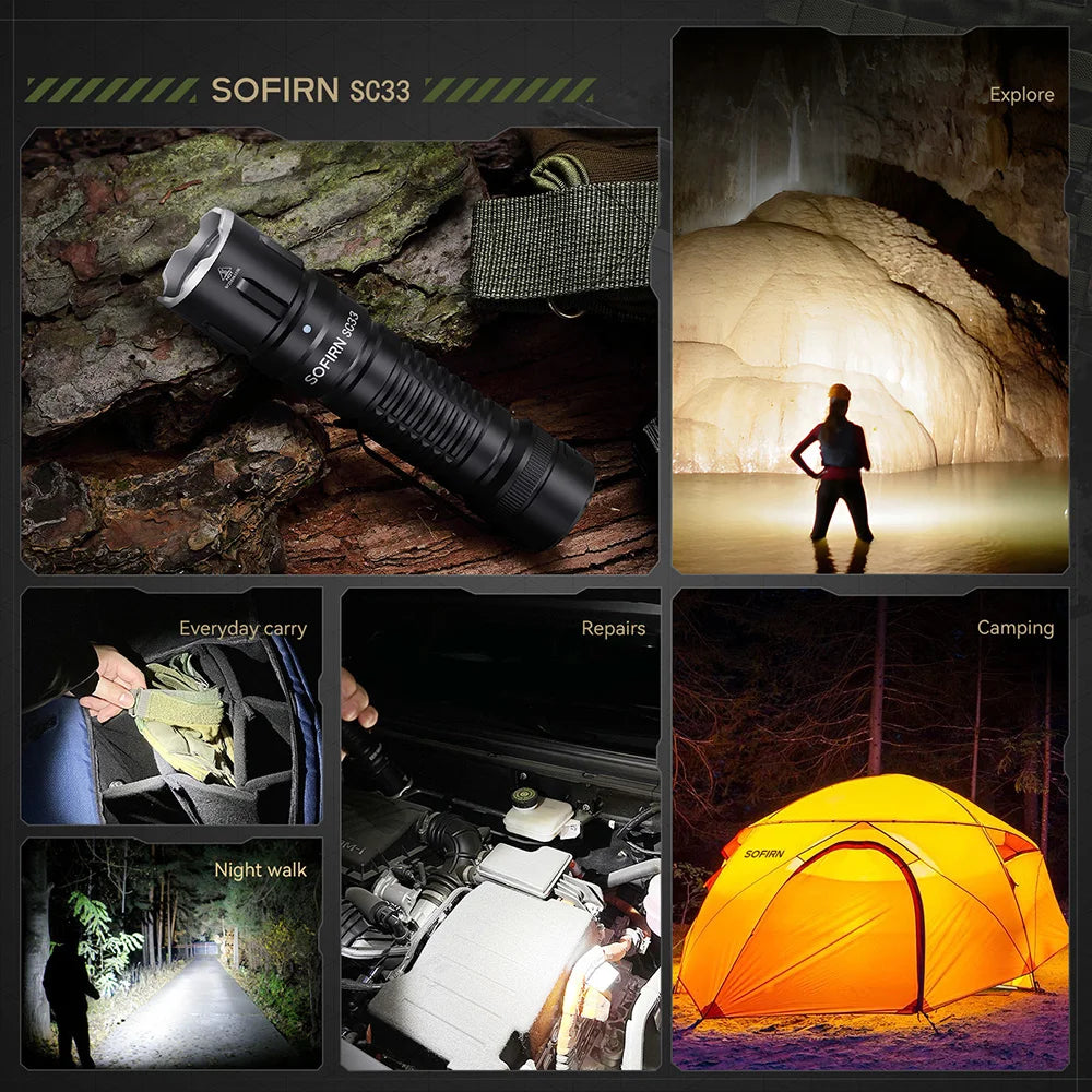 Sofirn SC33 LED Tactical Flashlight XHP70.3 HI  5200lm Powerful 21700 Type C Rechargeable Torch E-switch Outdoor Light