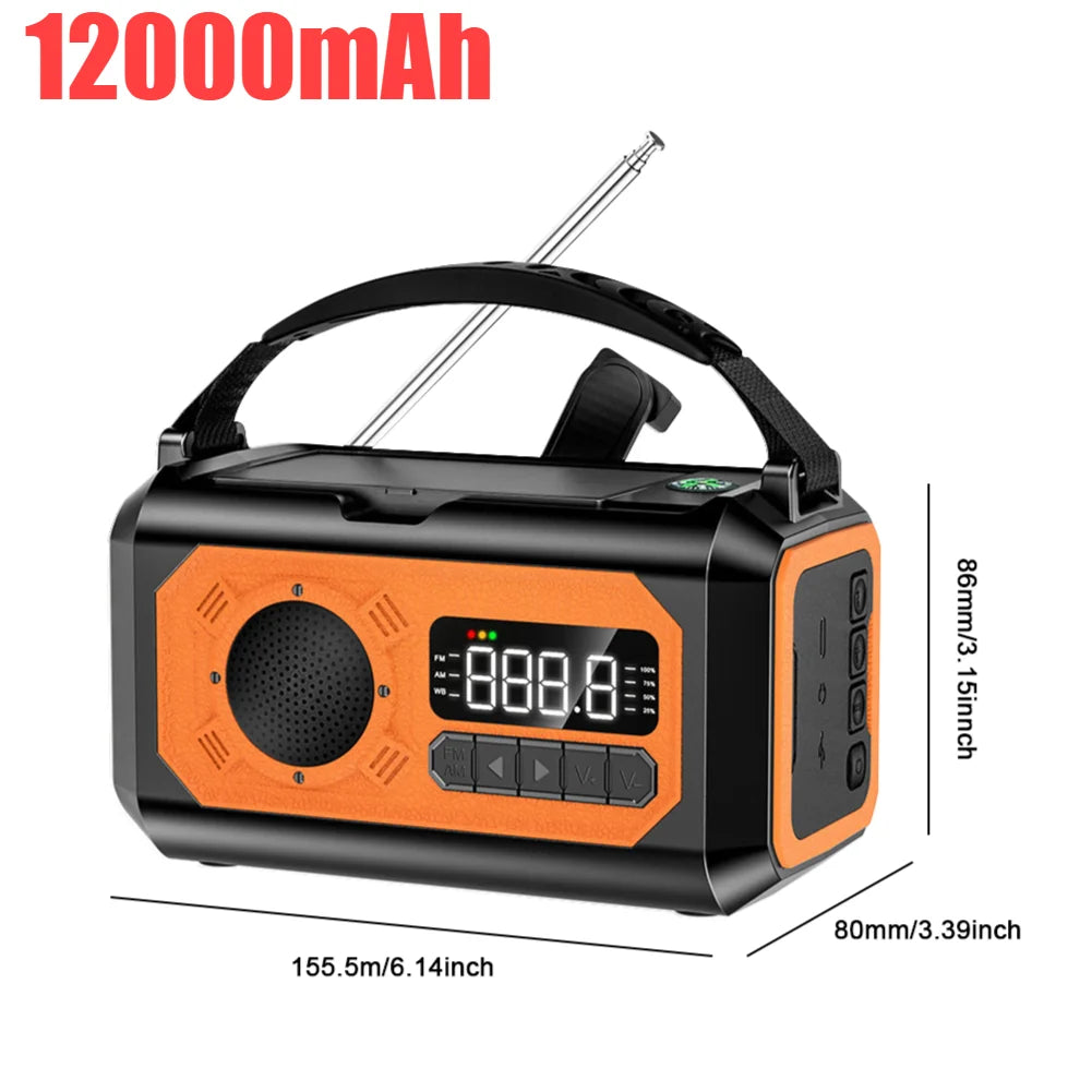 12000mAh Weather Alert Radio with 2 Solar Panels Solar Hand Crank Multifunction Radio Flashlight Power Bank for Outdoor Survival