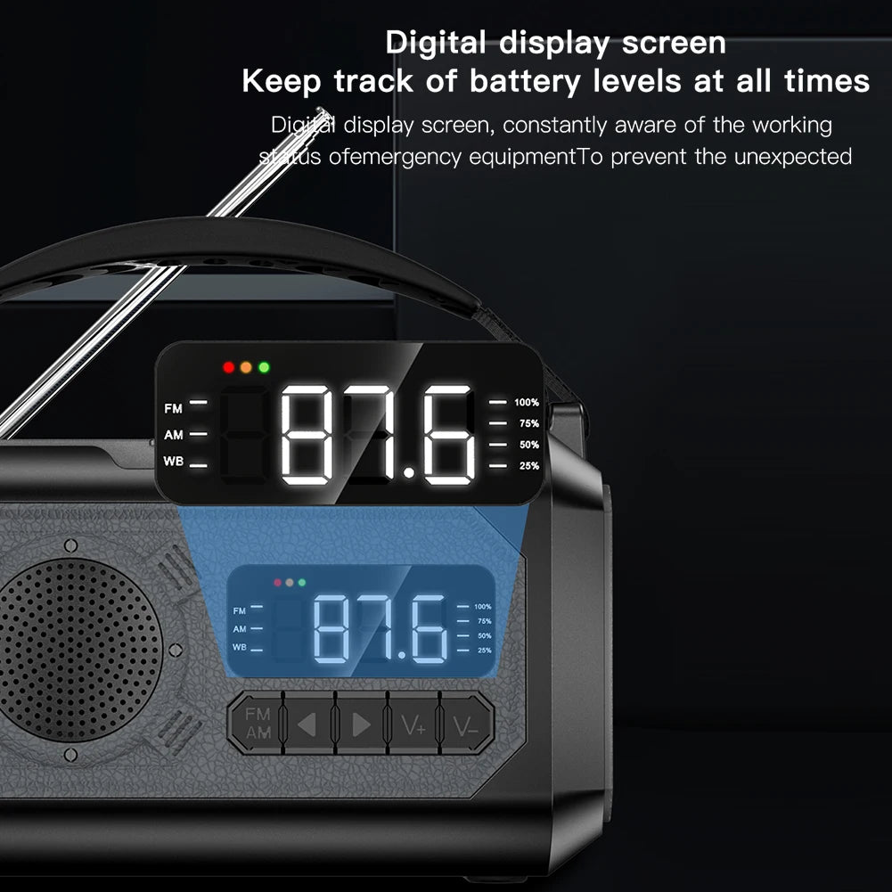 12000mAh Weather Alert Radio with 2 Solar Panels Solar Hand Crank Multifunction Radio Flashlight Power Bank for Outdoor Survival