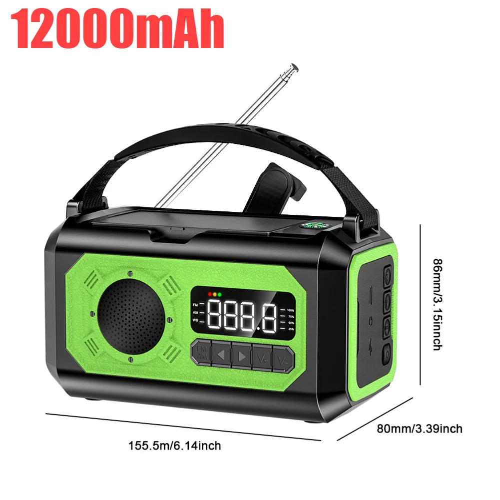 12000mAh Weather Alert Radio with 2 Solar Panels Solar Hand Crank Multifunction Radio Flashlight Power Bank for Outdoor Survival