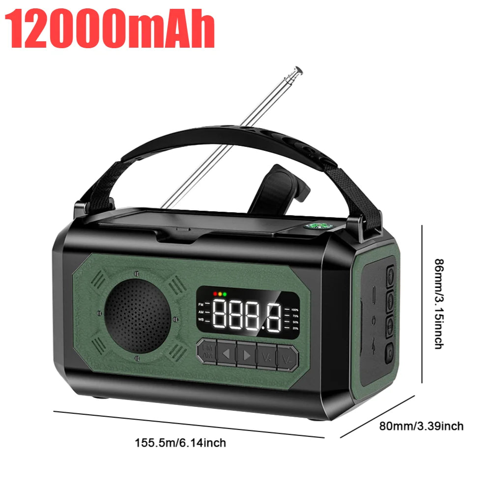 12000mAh Weather Alert Radio with 2 Solar Panels Solar Hand Crank Multifunction Radio Flashlight Power Bank for Outdoor Survival