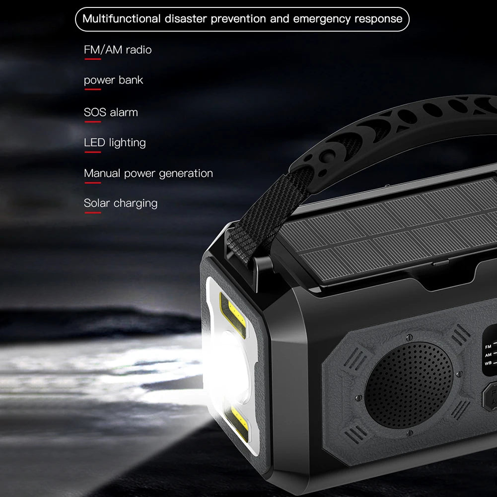 12000mAh Weather Alert Radio with 2 Solar Panels Solar Hand Crank Multifunction Radio Flashlight Power Bank for Outdoor Survival