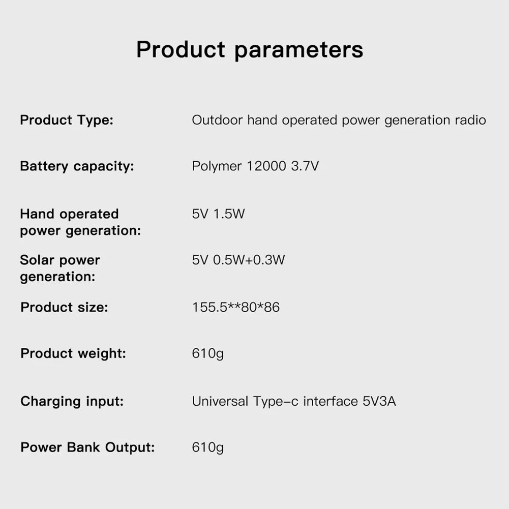 12000mAh Weather Alert Radio with 2 Solar Panels Solar Hand Crank Multifunction Radio Flashlight Power Bank for Outdoor Survival