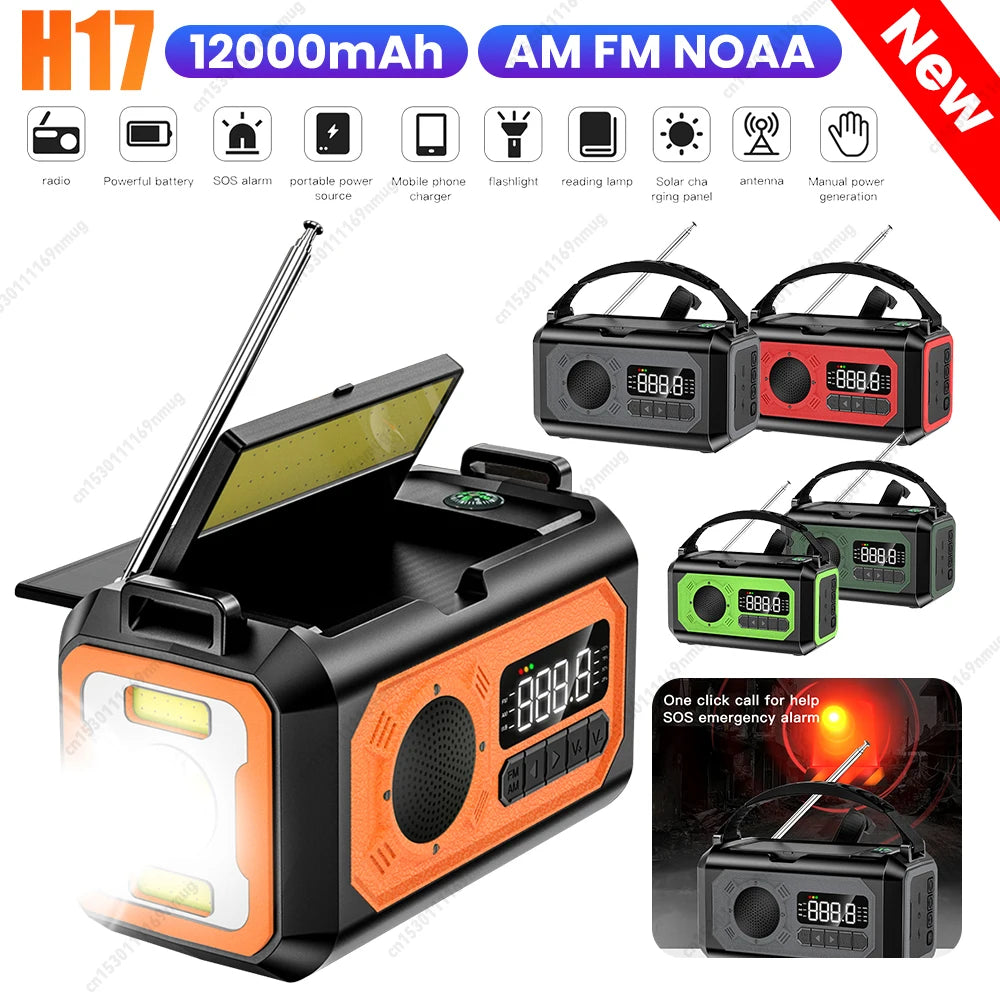 12000mAh Weather Alert Radio with 2 Solar Panels Solar Hand Crank Multifunction Radio Flashlight Power Bank for Outdoor Survival